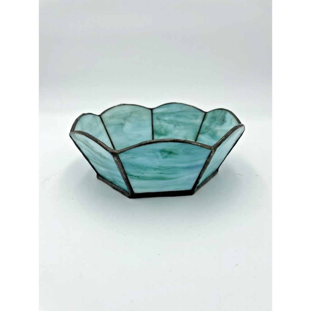 Vintage Turquoise‎ & Red Stained Glass Art Bowl 6.5" D - Picture 3 of 8
